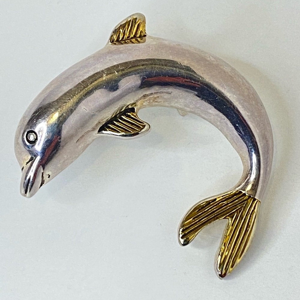 Vintage Dolphin Pendant‎ Large Jumping Two Tone Gold Silver Tone Collectible